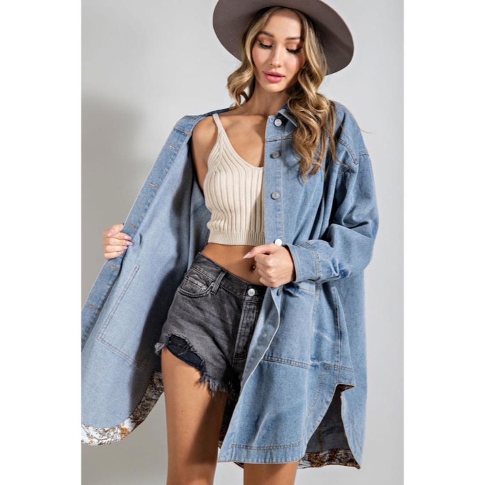 SOLD OUT Denim Blue Mineral Washed Oversized Long Jacket w/ Paisley Cuff Detail - Picture 5 of 11